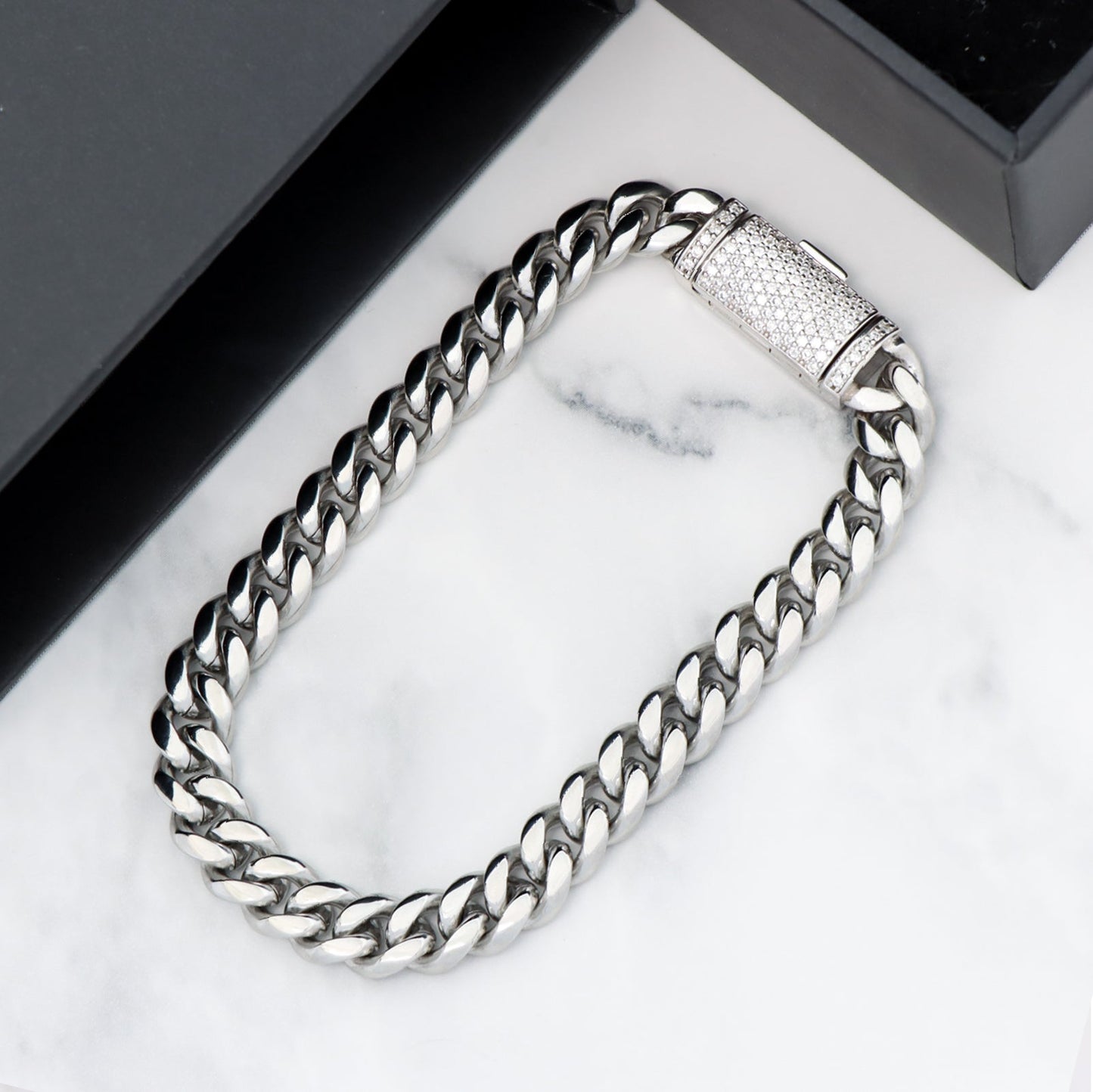 Plain White Gold Cuban Link Bracelet with Moissanite Box Clasp