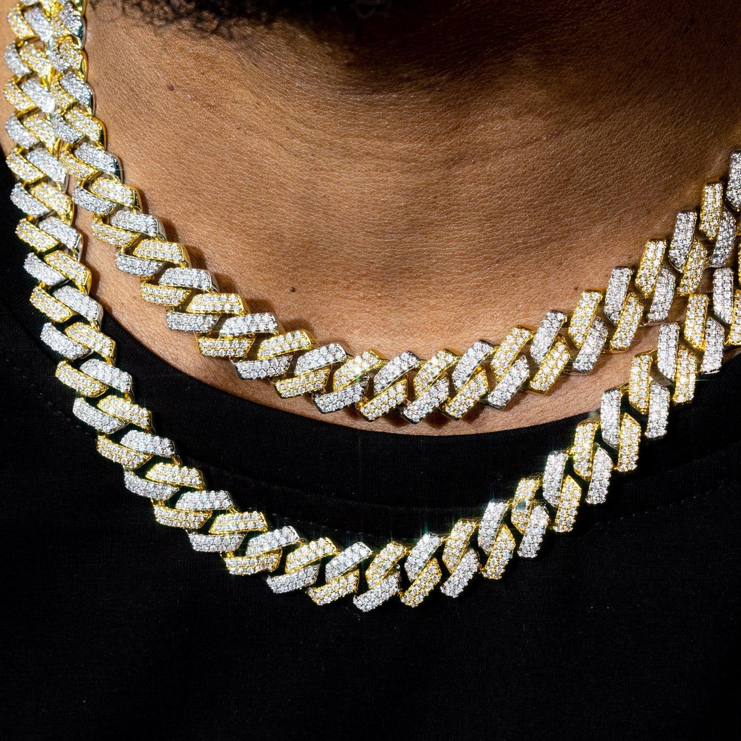 Two-Tone Iced Prong Cuban Link Chain in Gold and White Gold Plating