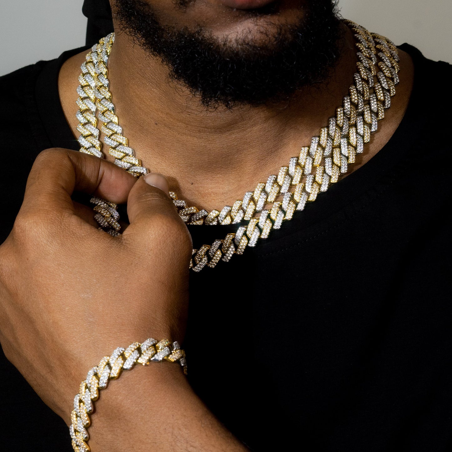Two-Tone Iced Prong Cuban Link Chain in Gold and White Gold Plating