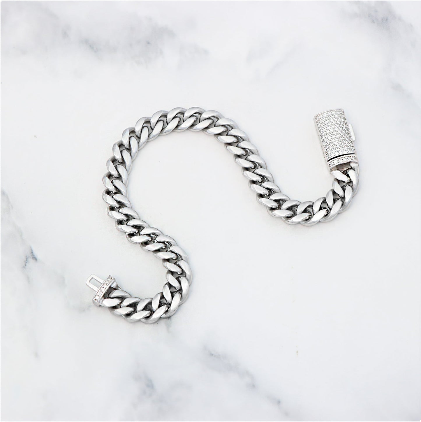 Plain White Gold Cuban Link Bracelet with Moissanite Box Clasp