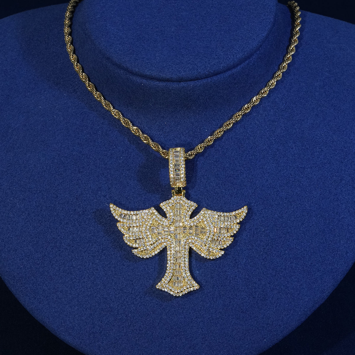 Baguette Wing Cross Pendant Necklace