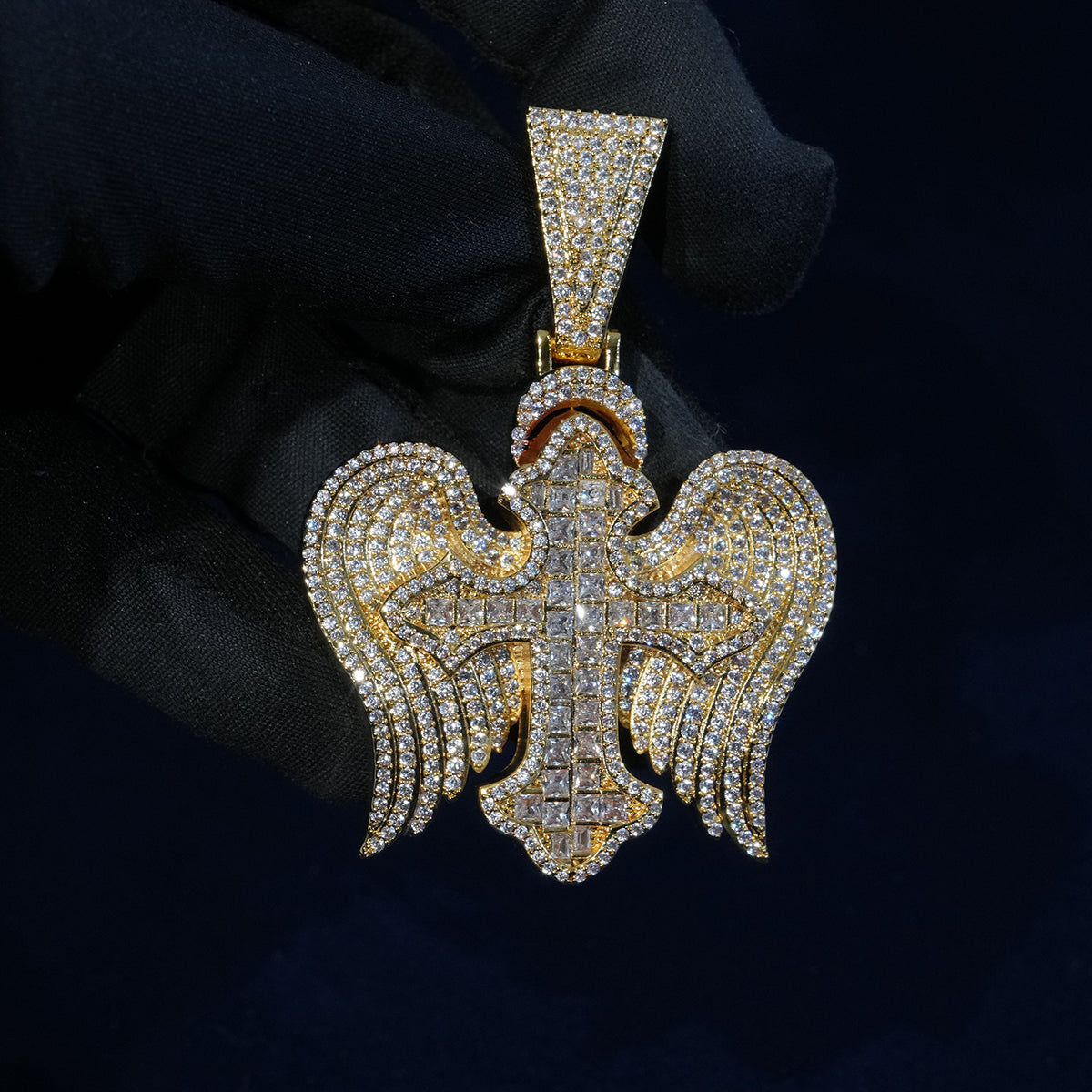 Diamond Wings Asscher Cut Cross Pendant