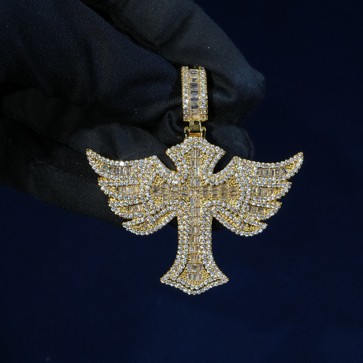 Baguette Wing Cross Pendant Necklace