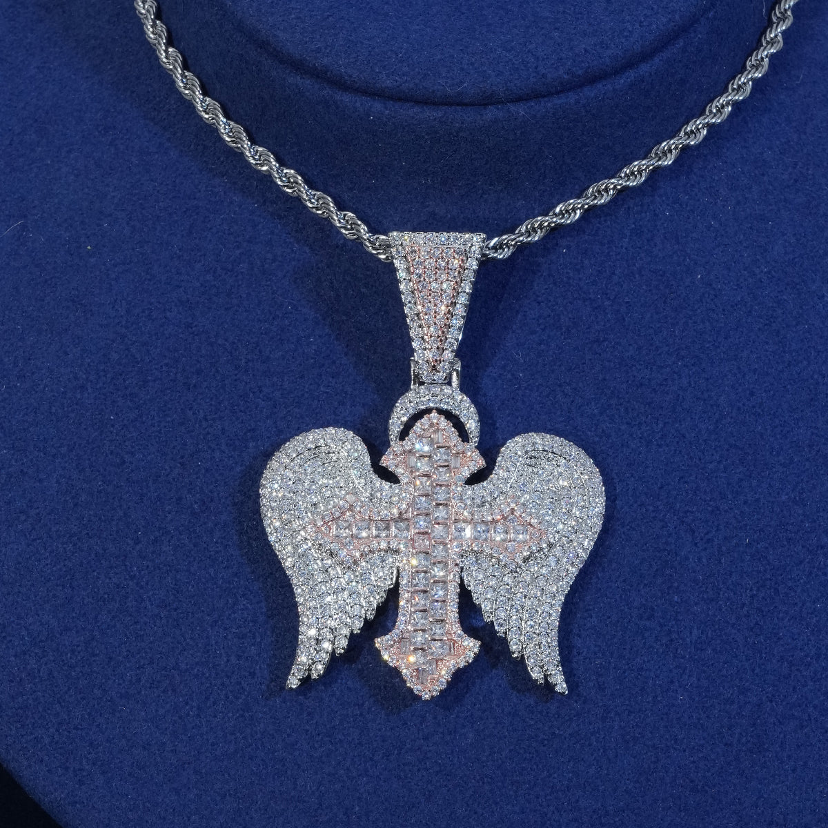 Diamond Wings Asscher Cut Cross Pendant