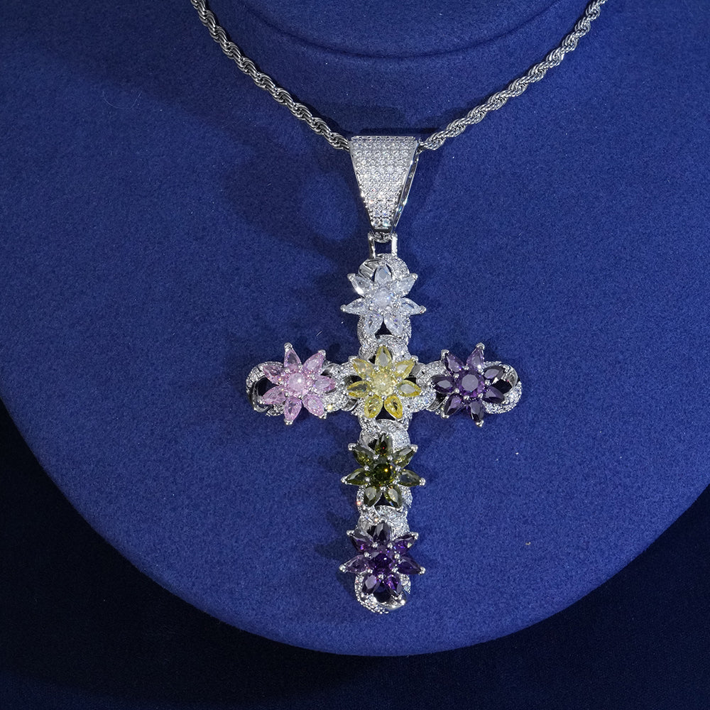 Diamond Lotus Cross Pendant
