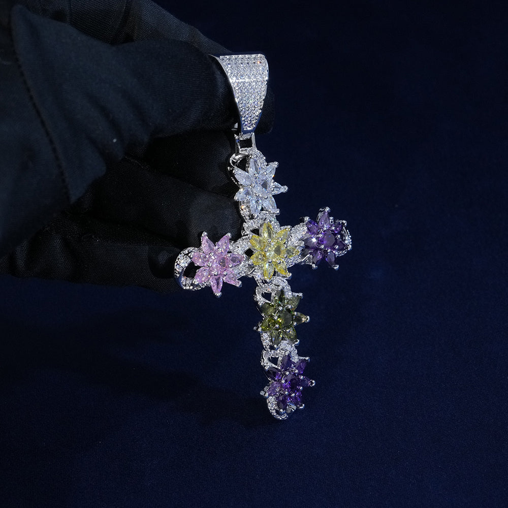 Diamond Lotus Cross Pendant