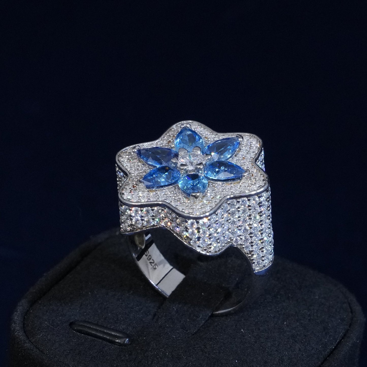 Moissanite Blue Flower Iced Ring