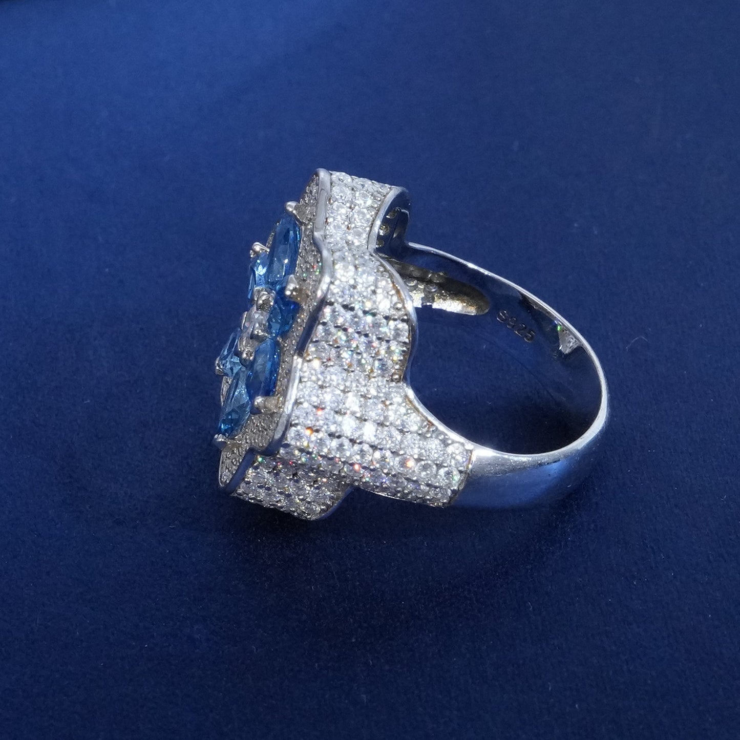 Moissanite Blue Flower Iced Ring