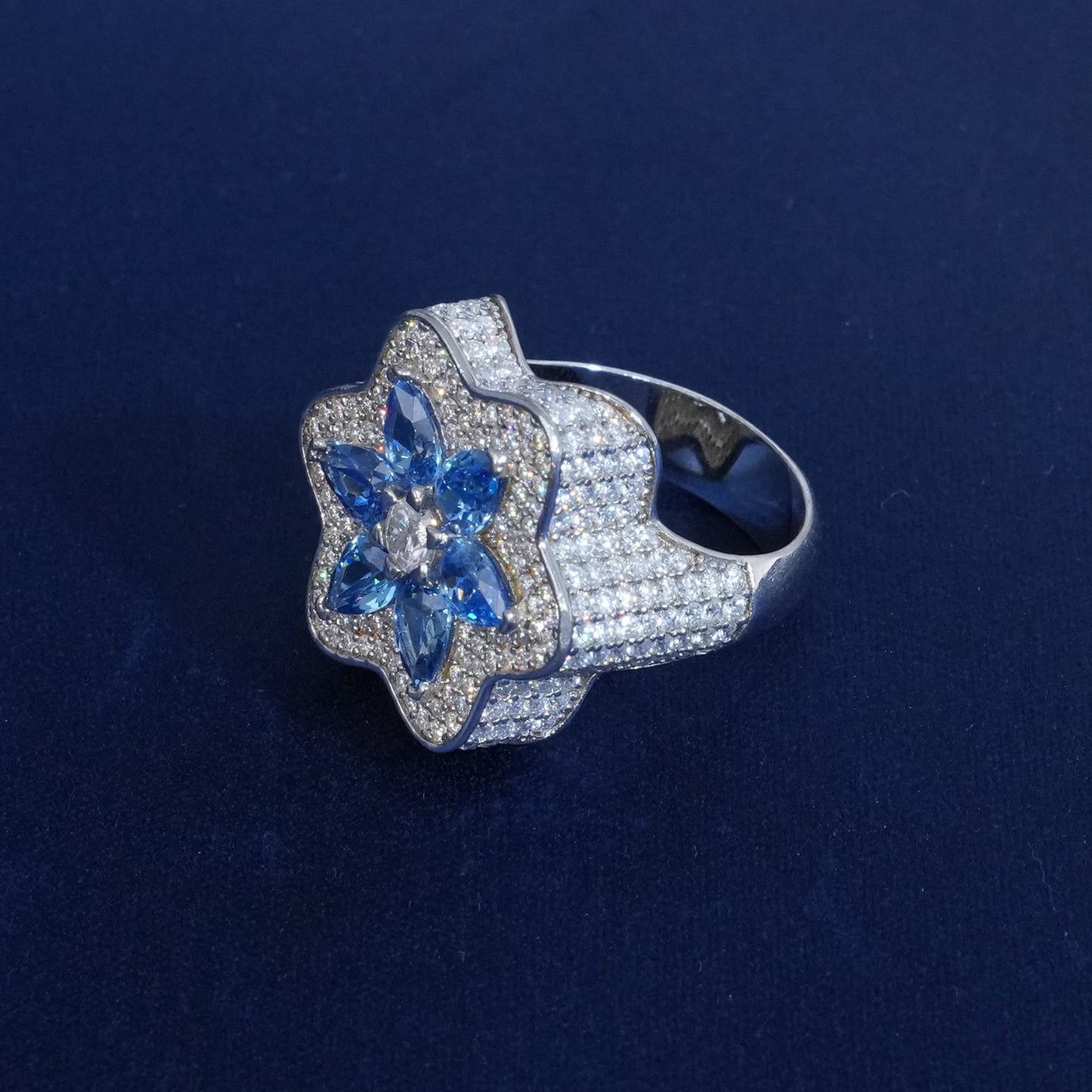 Moissanite Blue Flower Iced Ring