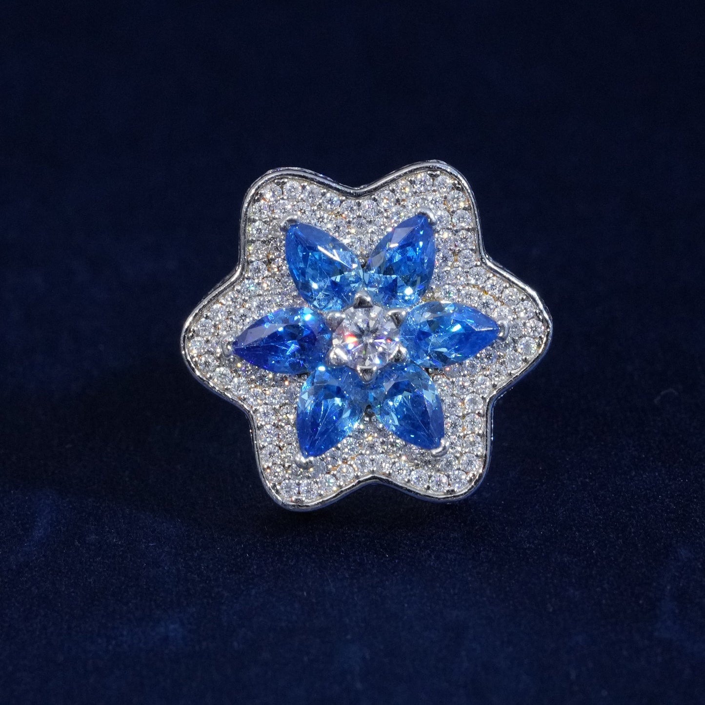 Moissanite Blue Flower Iced Ring