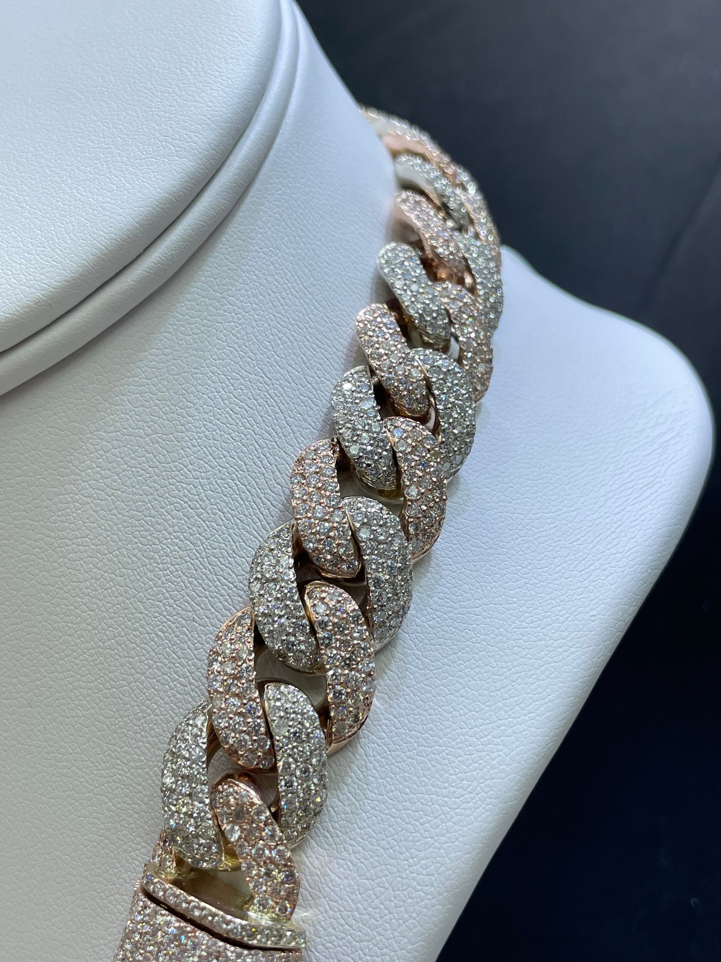 14k Miami Cuban Link Necklace VVS1 44 CT’s.t.w. Rose/White ” Iced Diamond Chain“