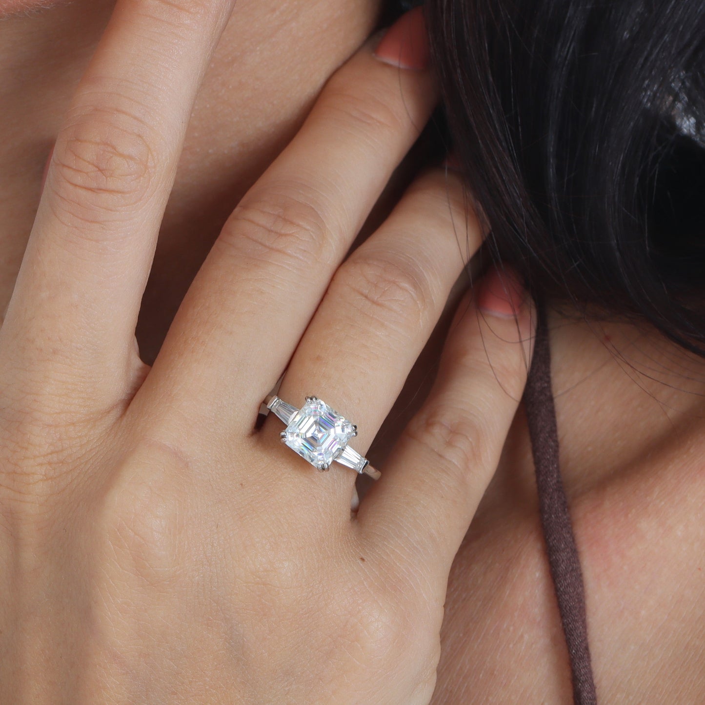 Baguette Three Stone Asscher Cut Moissanite Ring