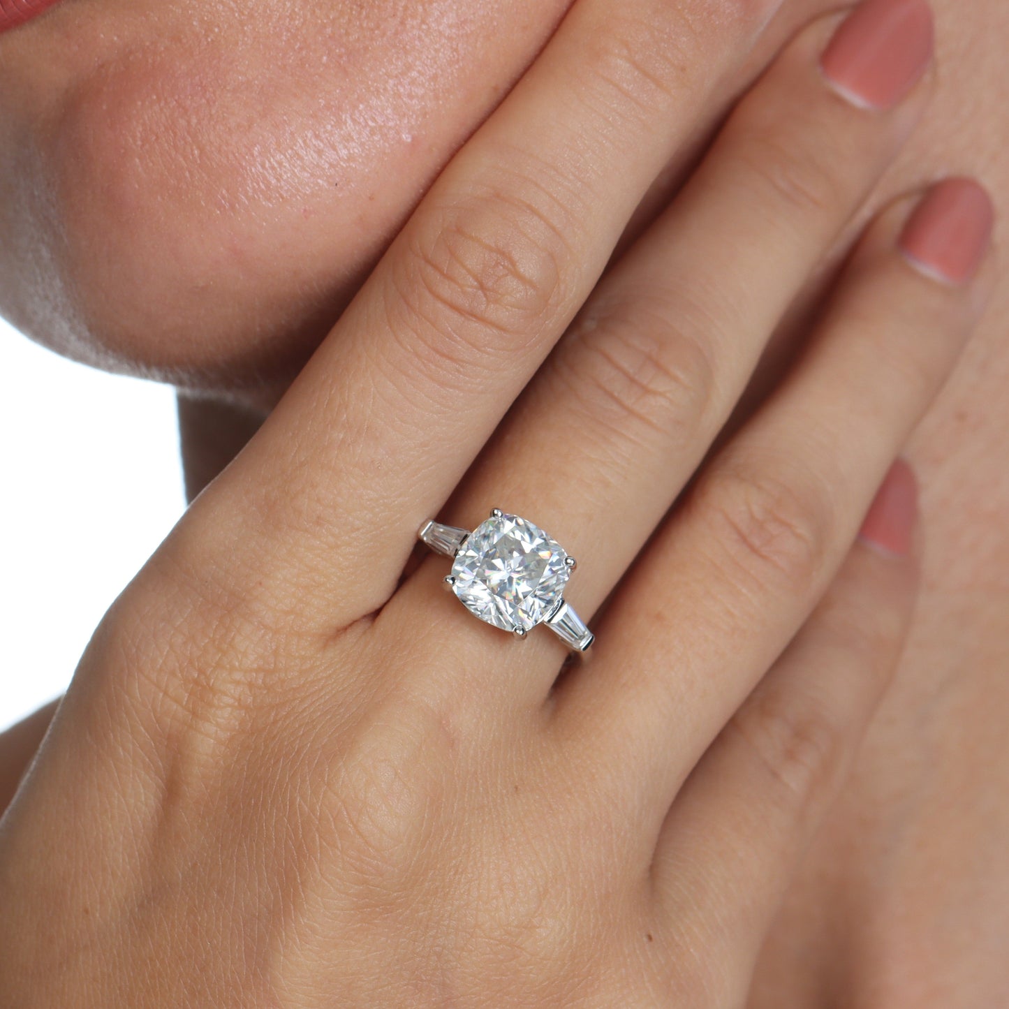 Baguette Three Stone Cushion Cut Moissanite Ring