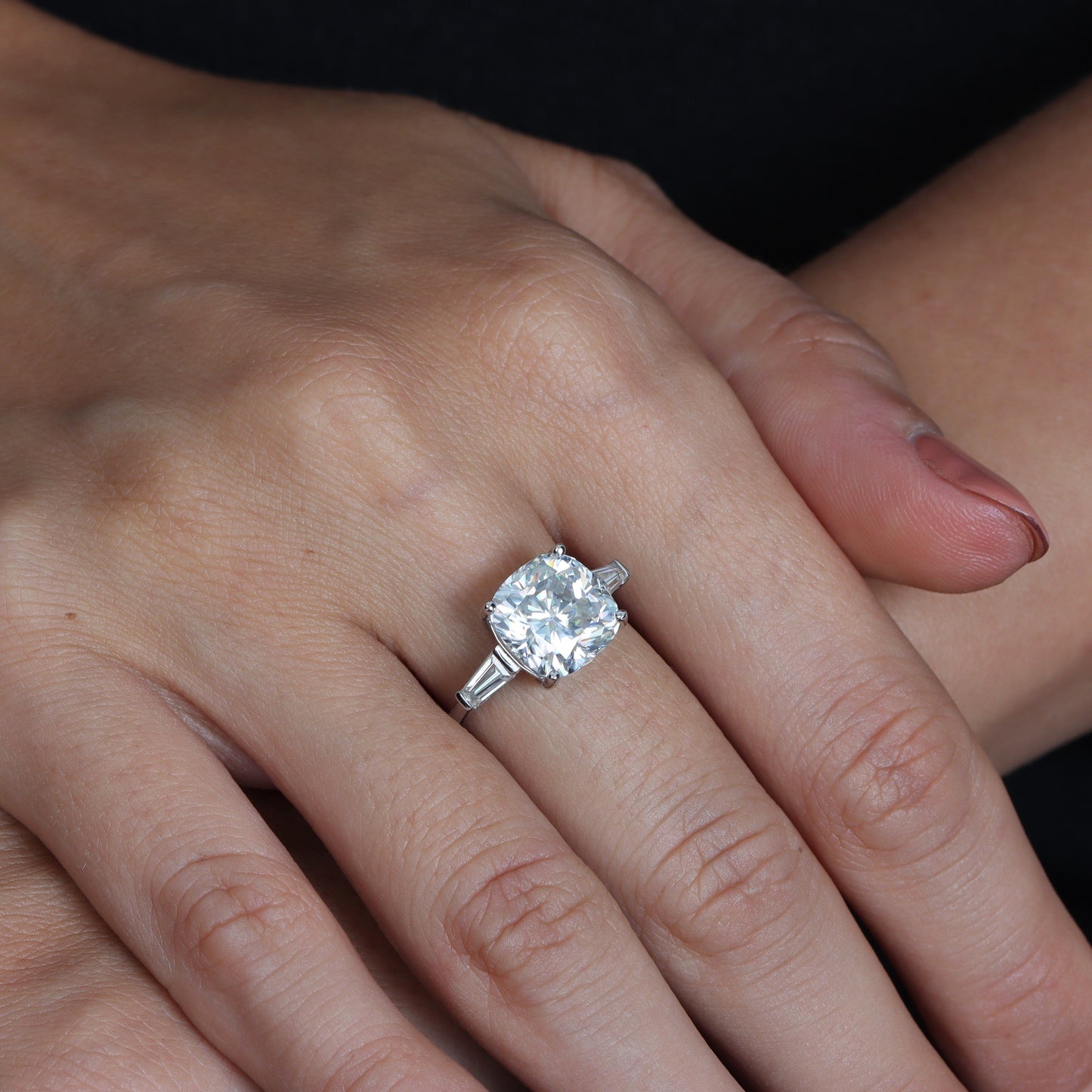 Baguette Three Stone Cushion Cut Moissanite Ring