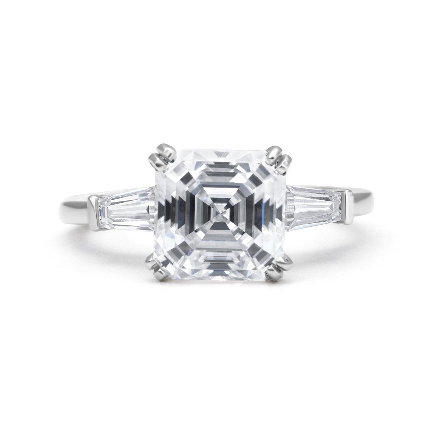 Baguette Three Stone Asscher Cut Moissanite Ring