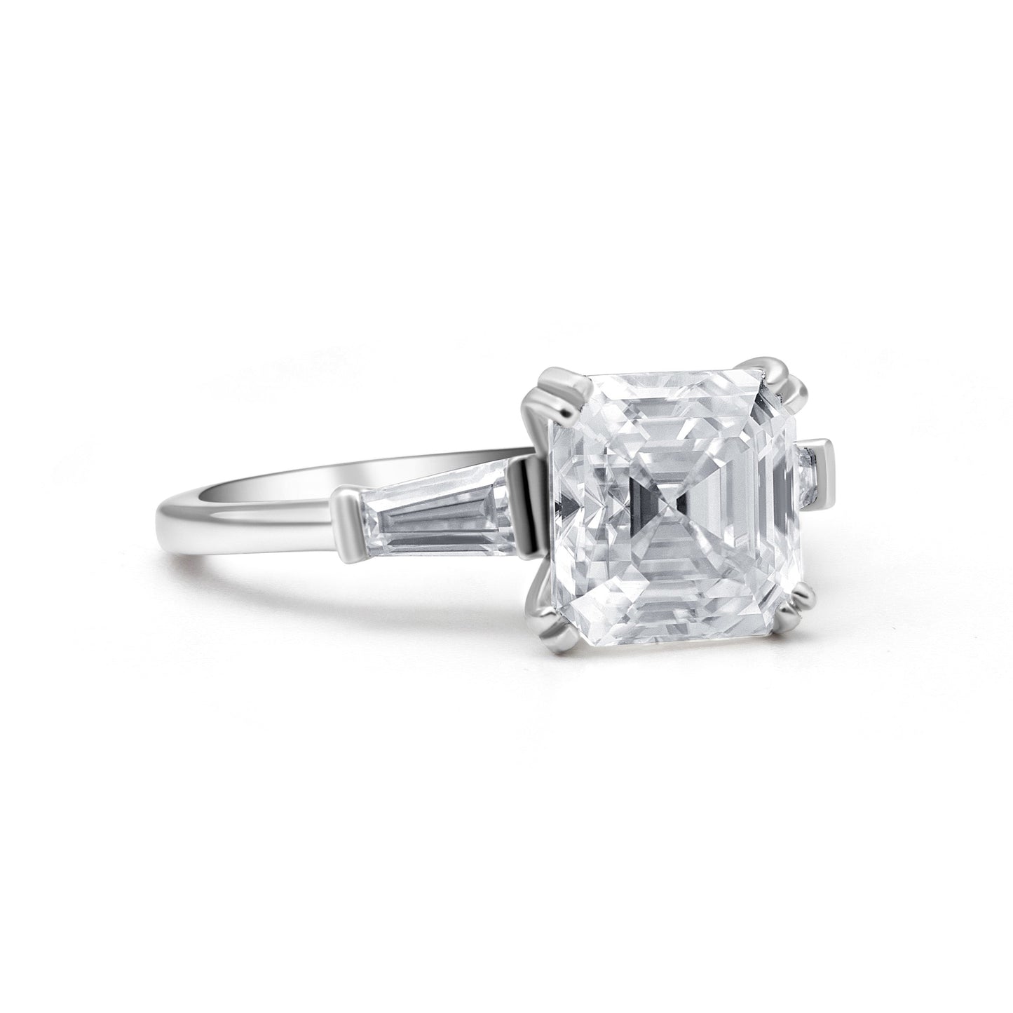 Baguette Three Stone Asscher Cut Moissanite Ring