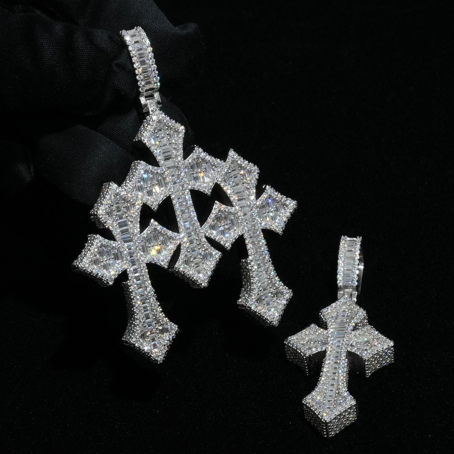Moissanite Baguette Triple Cross Pendant