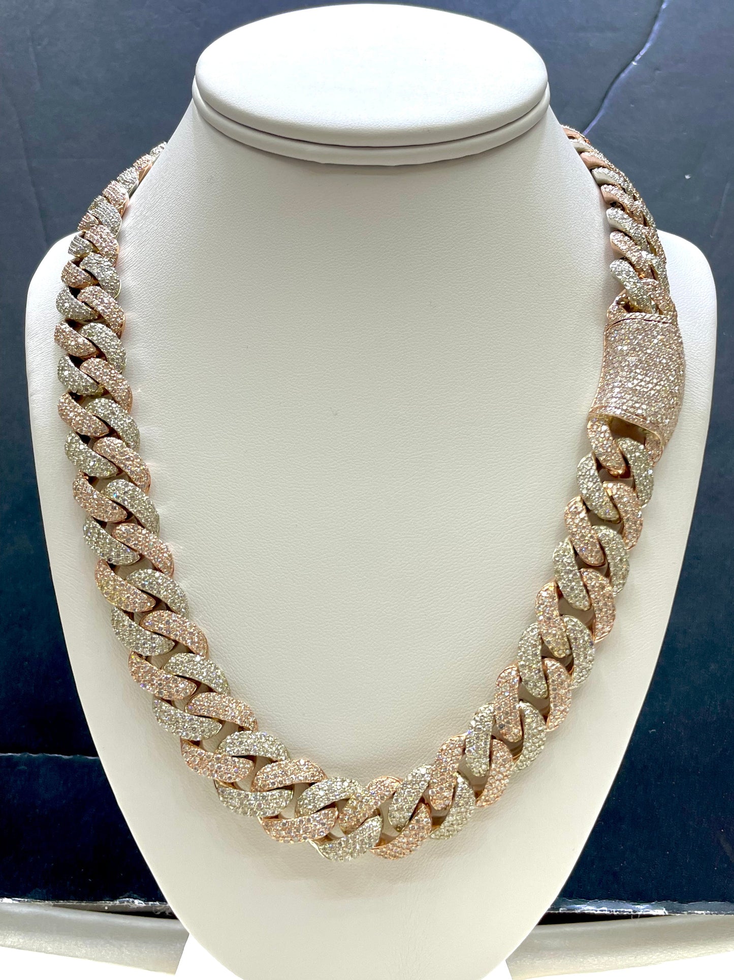 14k Miami Cuban Link Necklace VVS1 44 CT’s.t.w. Rose/White ” Iced Diamond Chain“