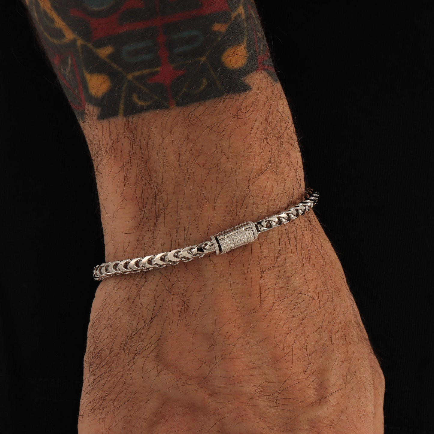 4mm S925 Franco Bracelet with Moissanite Clasp in White Gold
