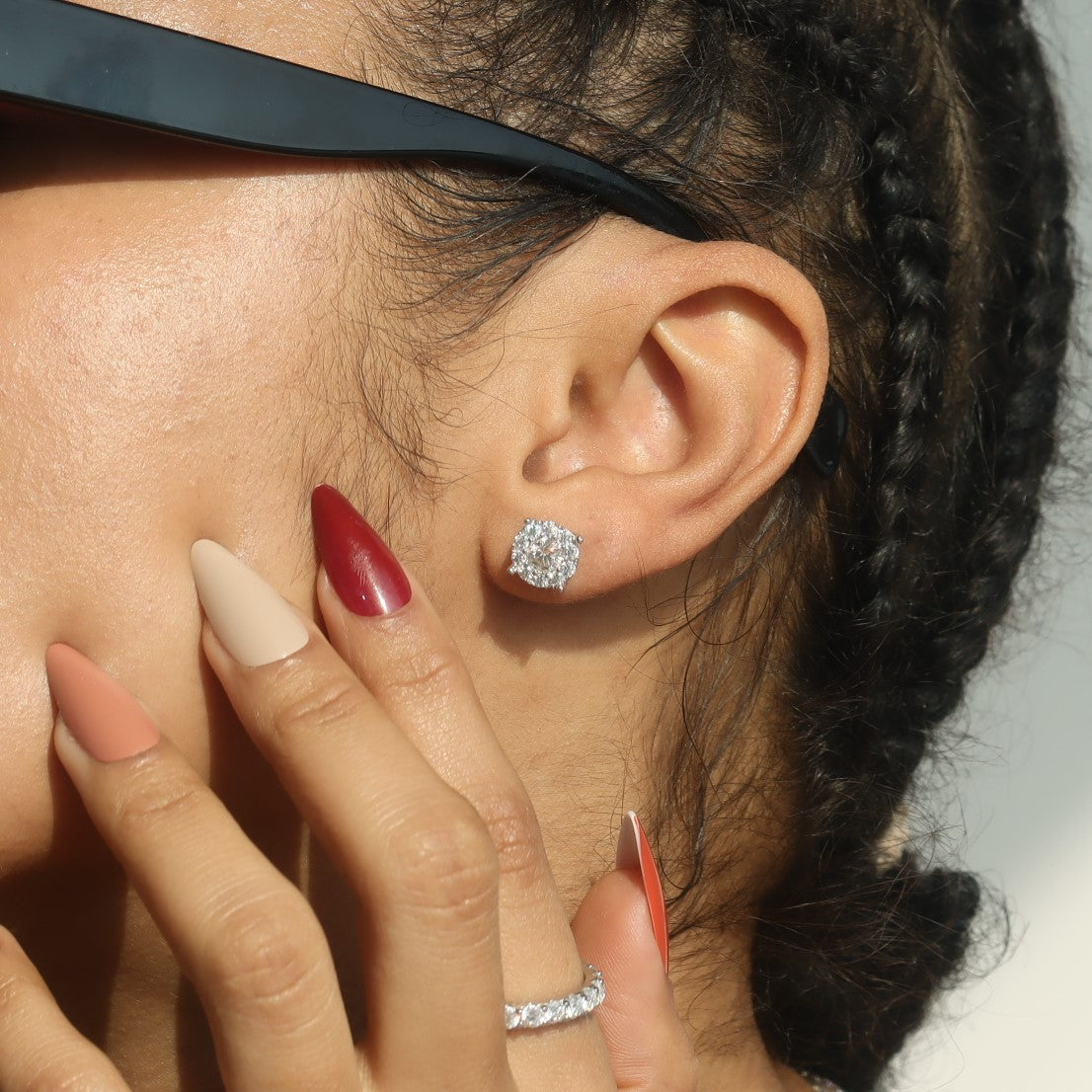 Round Floral Moissanite Stud Earrings in Sterling Silver