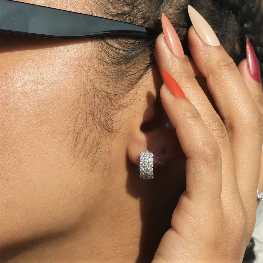 3-Row Moissanite Huggie Hoop Earrings in Sterling Silver