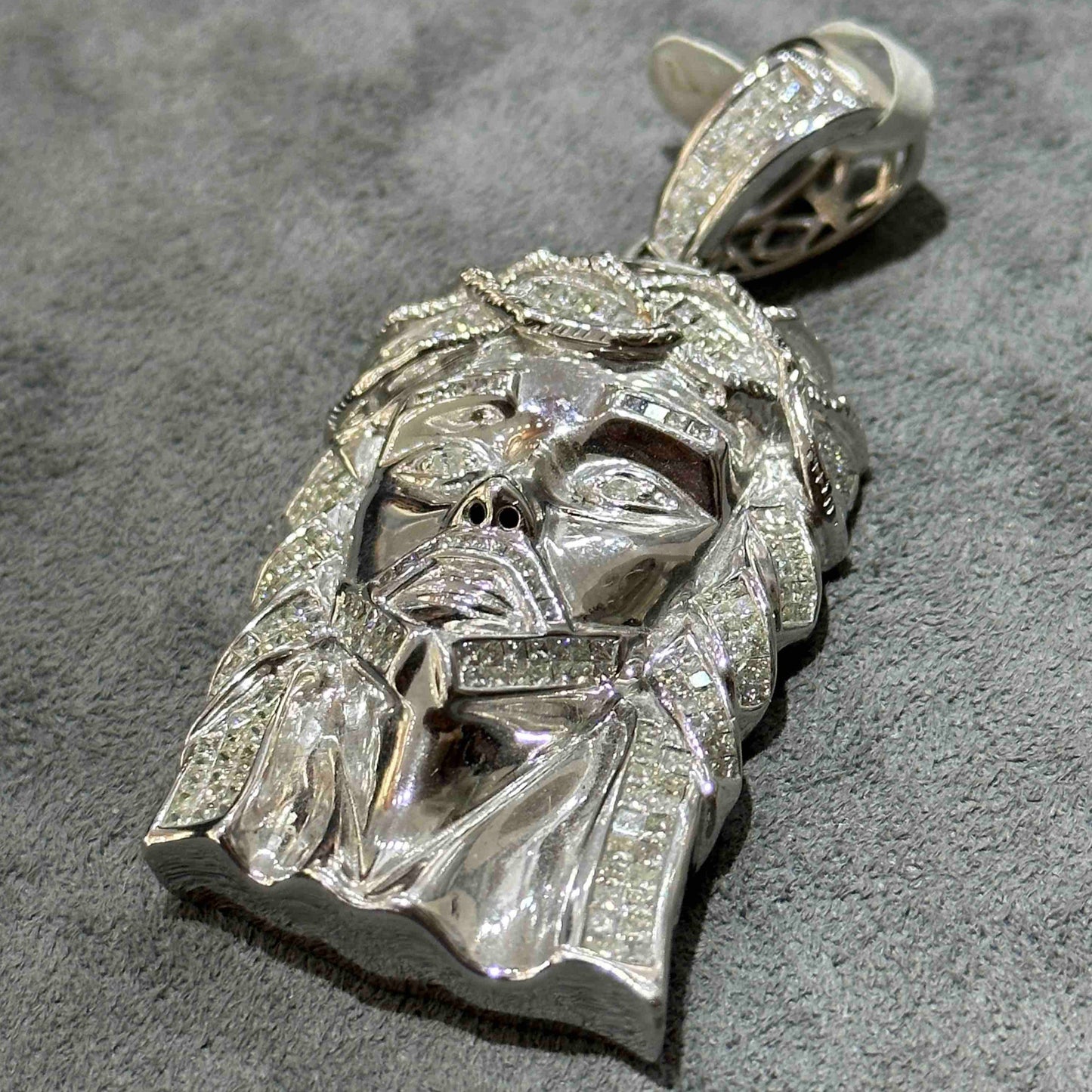 14k Solid White Gold Jesus Piece Iced Bust Down Pendant