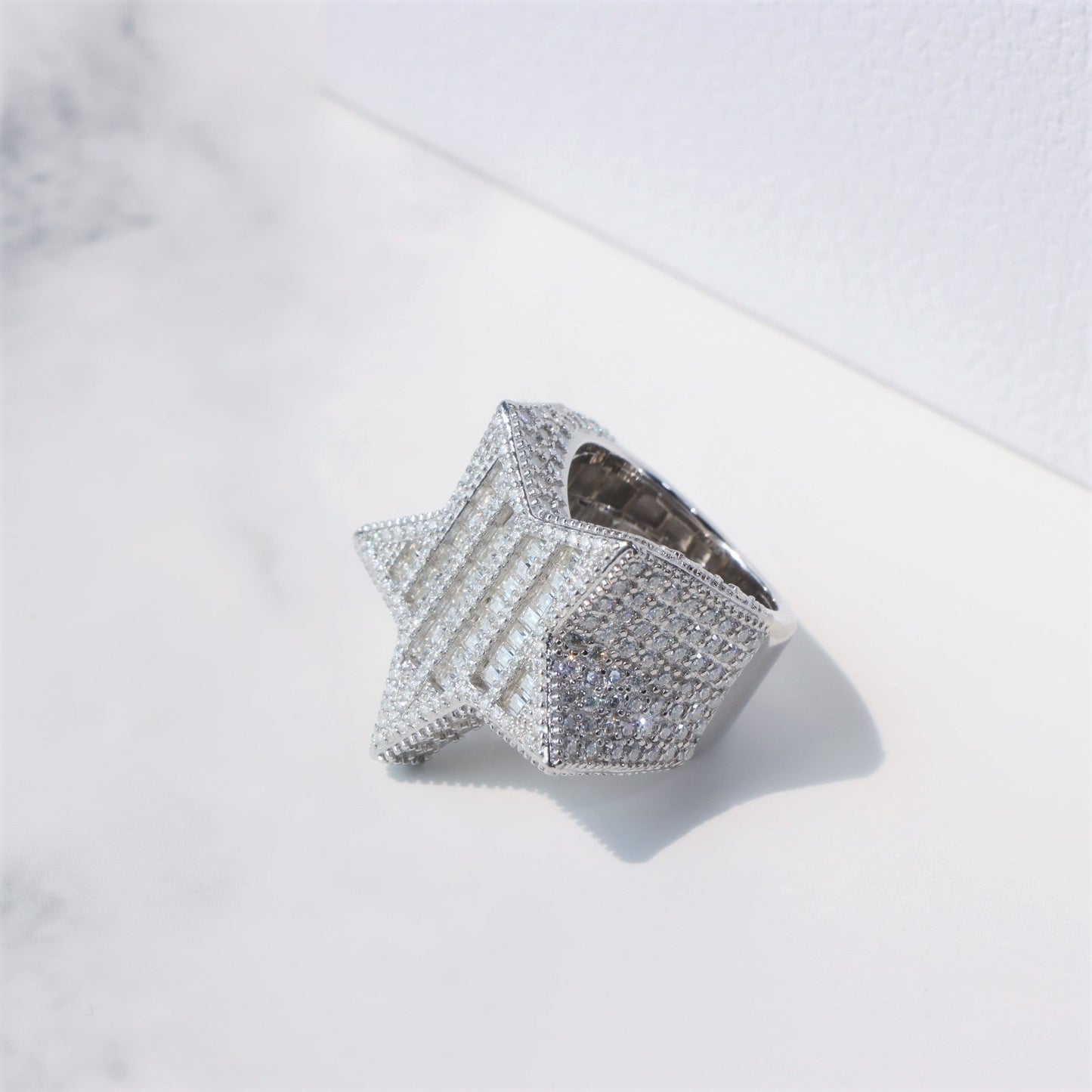 Moissanite Baguette Star Ring in Sterling Silver