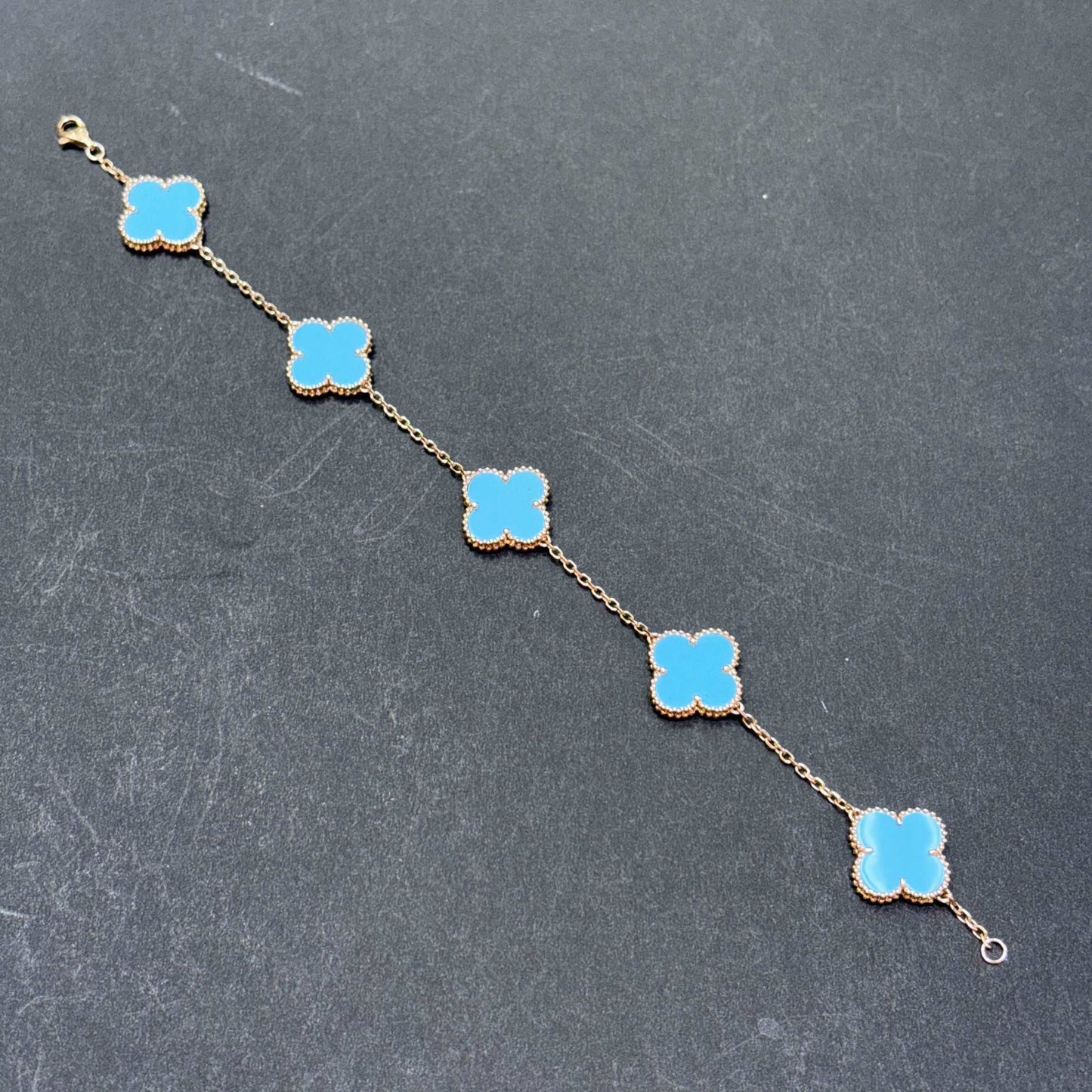 14k Turquoise Rose Gold Blue Clover Bracelet