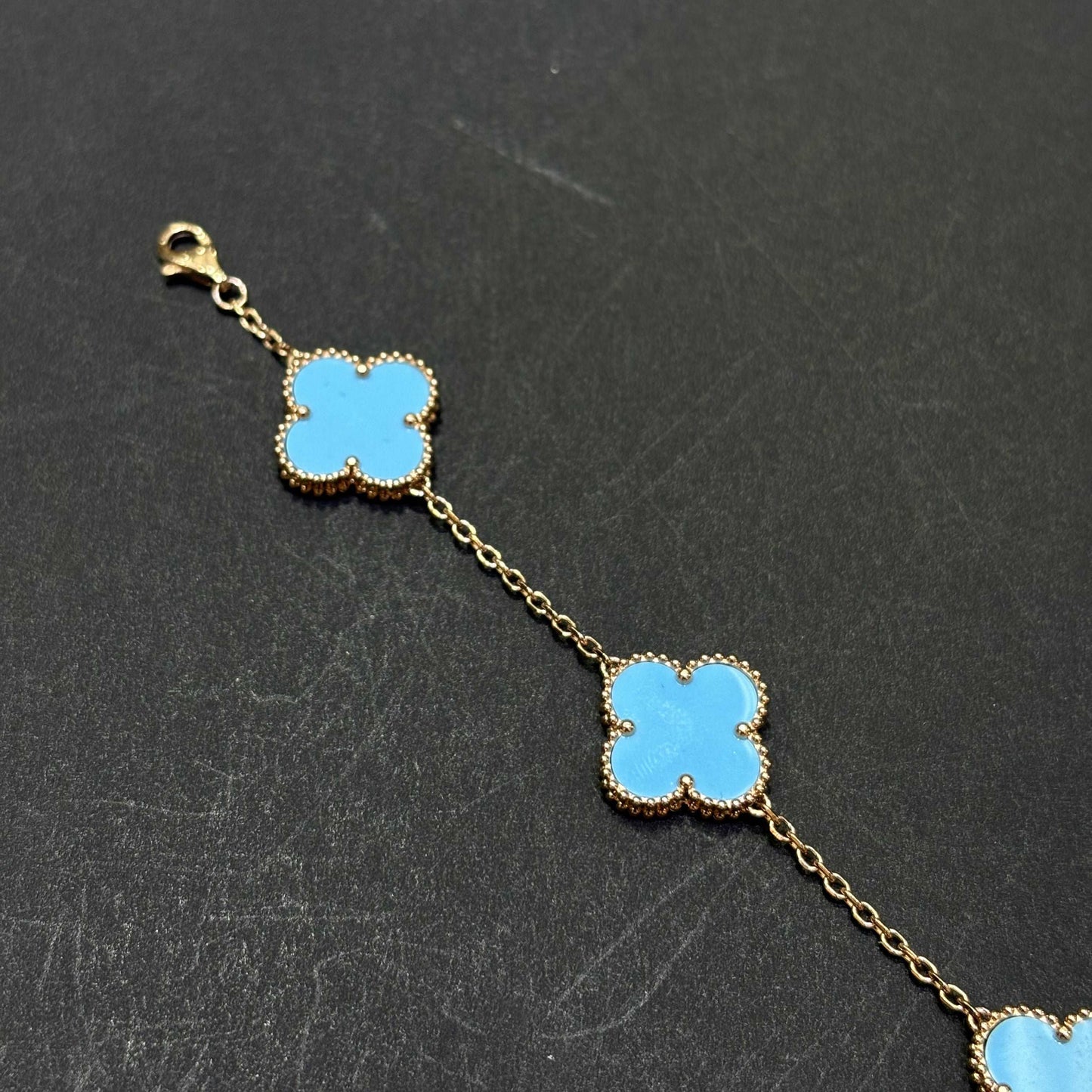 14k Turquoise Rose Gold Blue Clover Bracelet