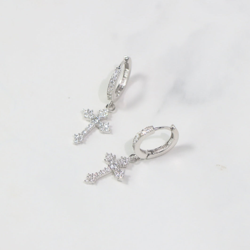 Moissanite Gothic Cross Hoop Earrings