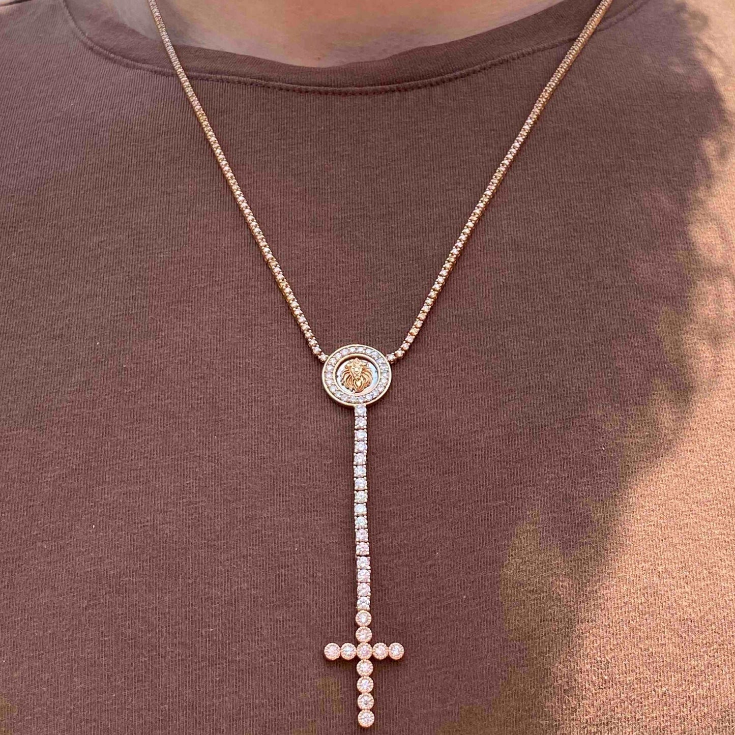 14k Diamond Iced Out Tennis Cross Chain