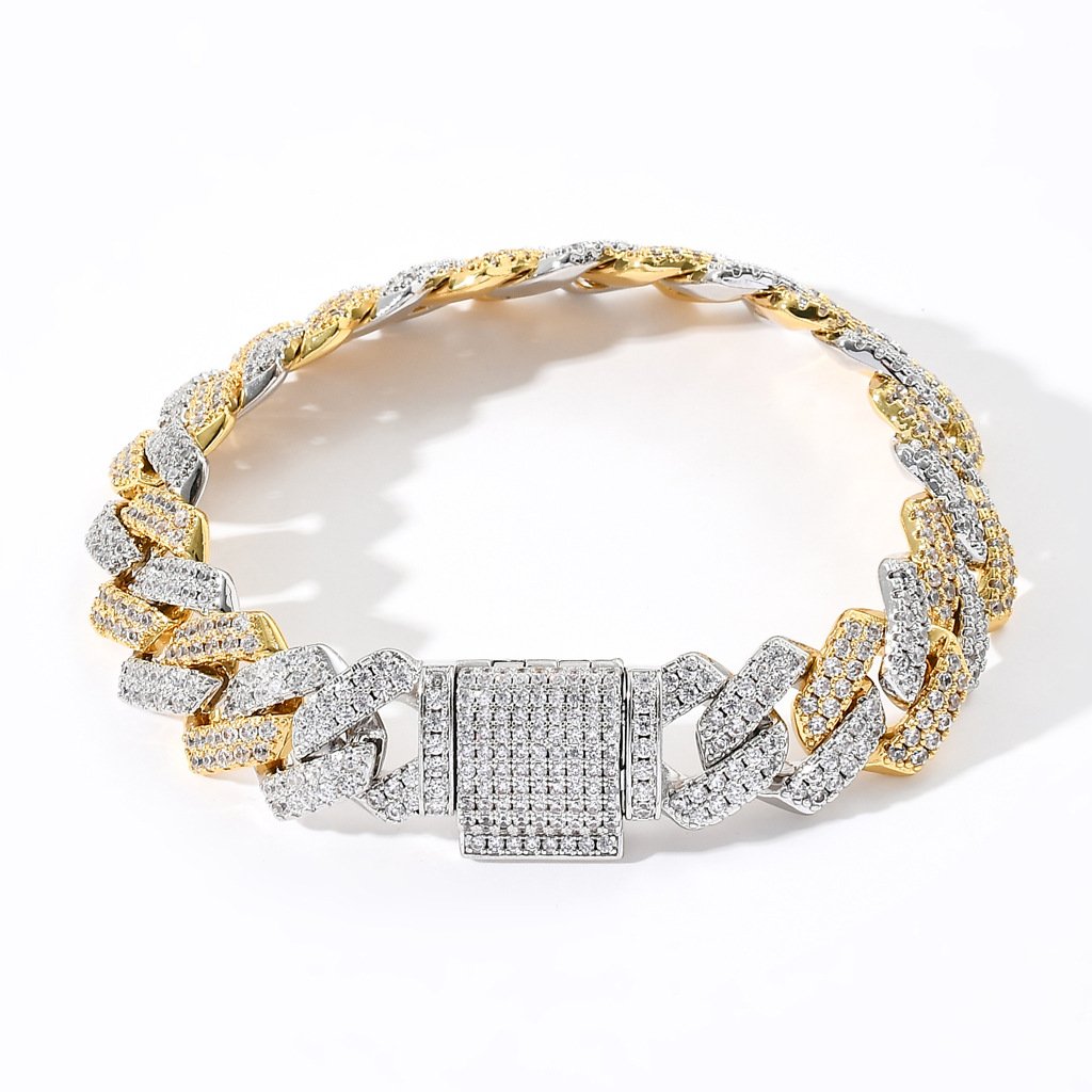 Two-Tone Iced Prong Cuban Link Bracelet in Gold and White Gold Plating