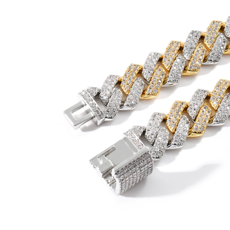 Two-Tone Iced Prong Cuban Link Bracelet in Gold and White Gold Plating