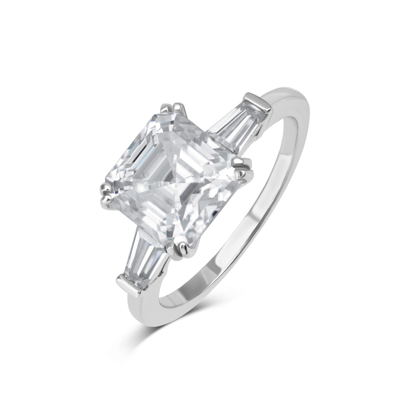 Baguette Three Stone Asscher Cut Moissanite Ring