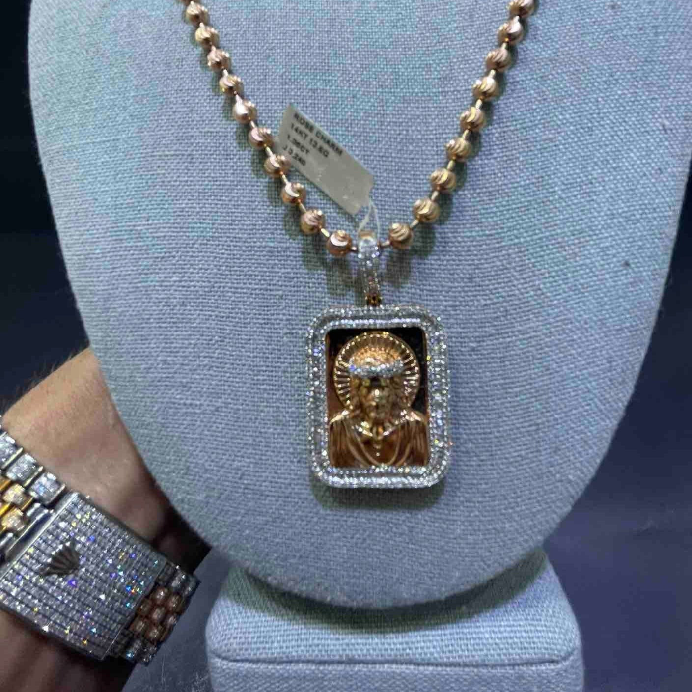 Iced Out Charm Rose Gold 14k Jesus Christ Charm 1.35 CT