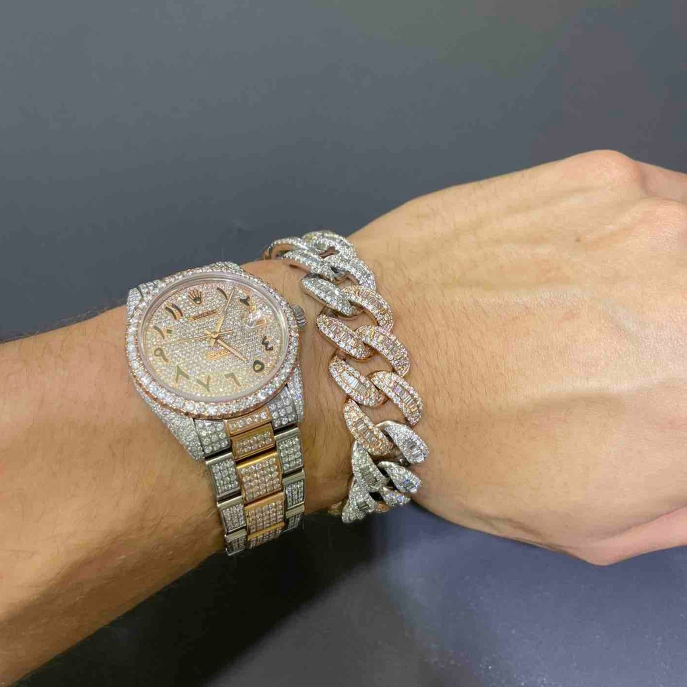 Iced Out Cuban Link Bracelet 14k Rose Two Tone | 71 G, 14 ct