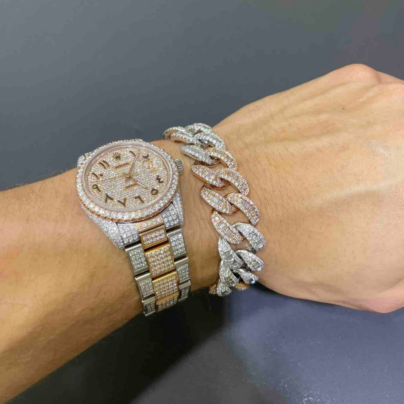Iced Out Cuban Link Bracelet 14k Rose Two Tone | 71 G, 14 ct