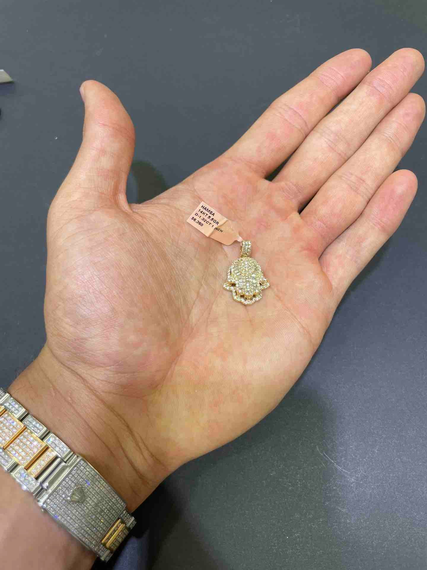 New 14k Vs-1,2cts.t.w. "Iced Hamsa" Natural Diamonds Hamsa Hand of God Pendant