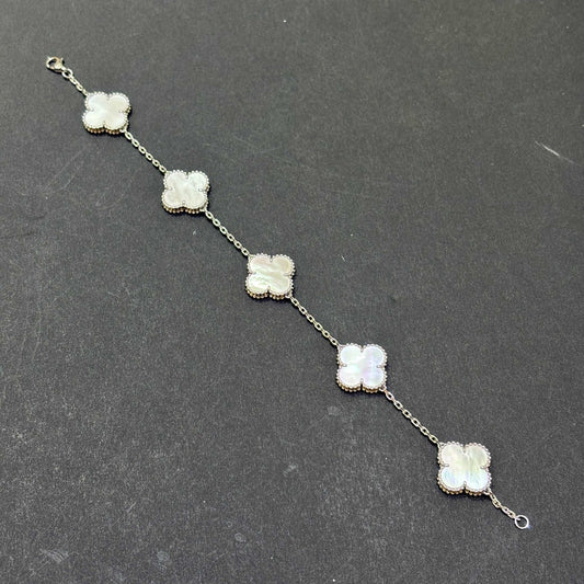 14k Mother of Pearl Clover Bracelet White Gold