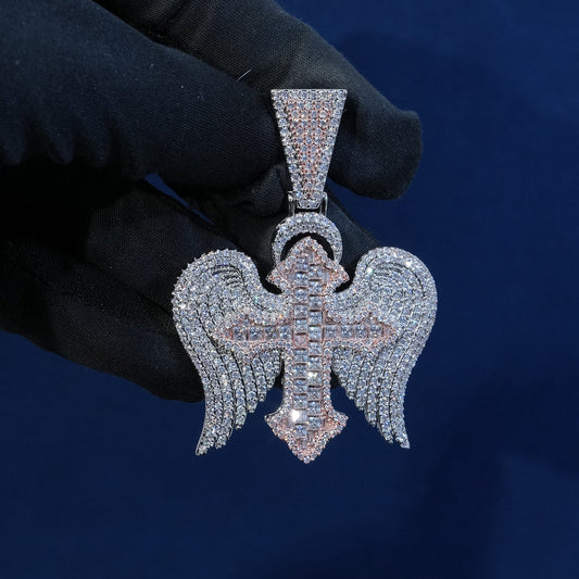 Diamond Wings Asscher Cut Cross Pendant