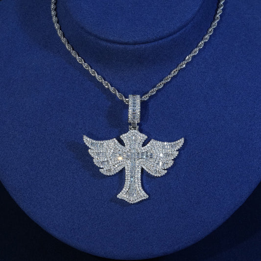 Baguette Wing Cross Pendant Necklace