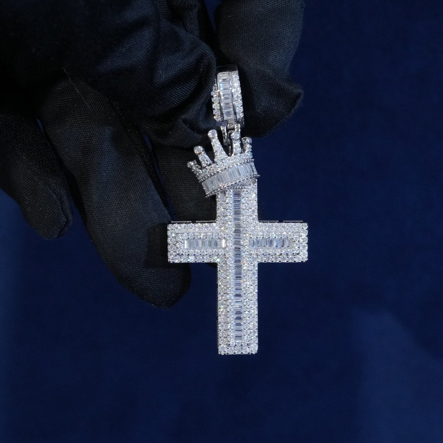Moissanite Crown Cross Baguette Pendant