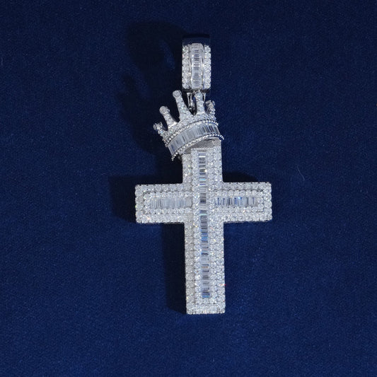 Moissanite Crown Cross Baguette Pendant