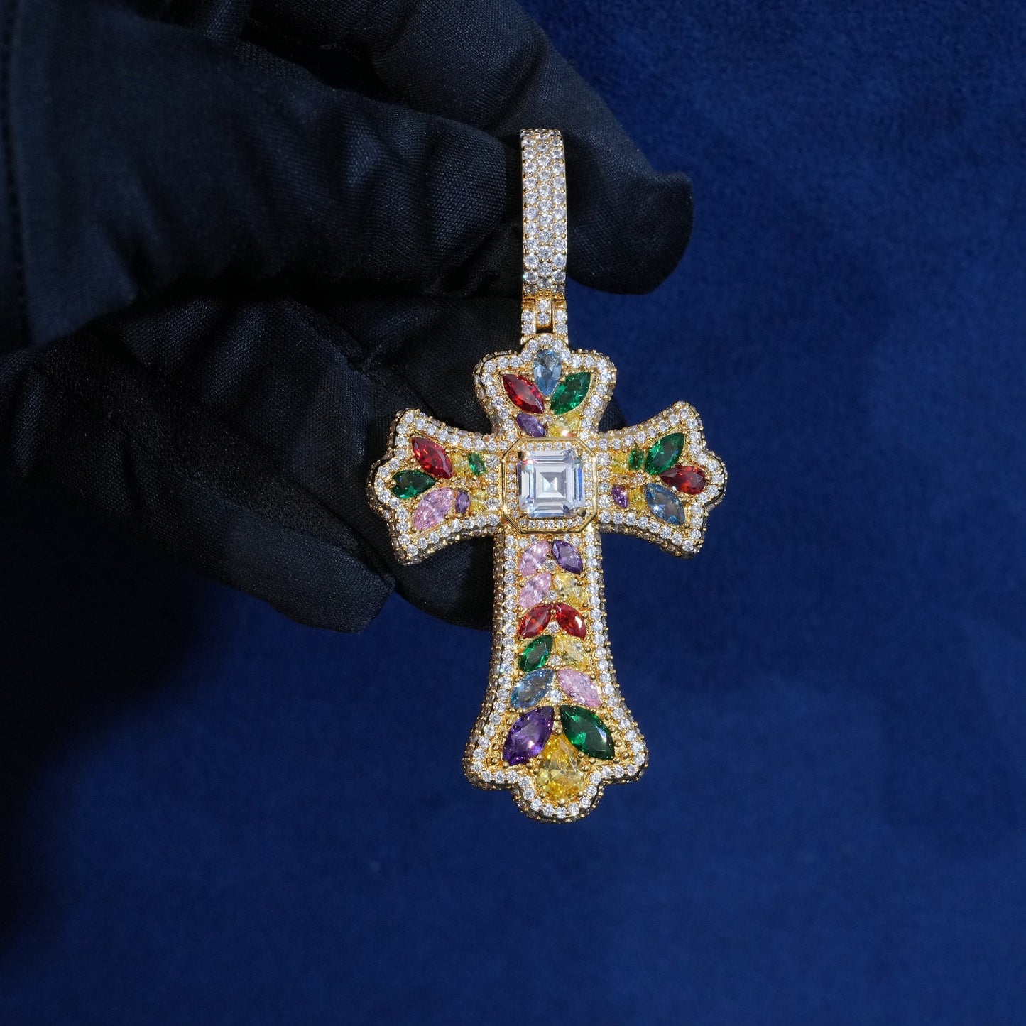 Diamond Rainbow Halo Cross Pendant