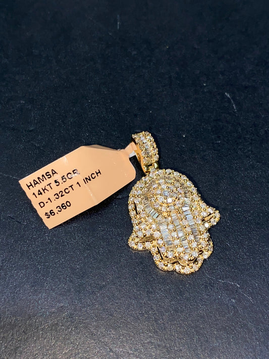 New 14k Vs-1,2cts.t.w. "Iced Hamsa" Natural Diamonds Hamsa Hand of God Pendant