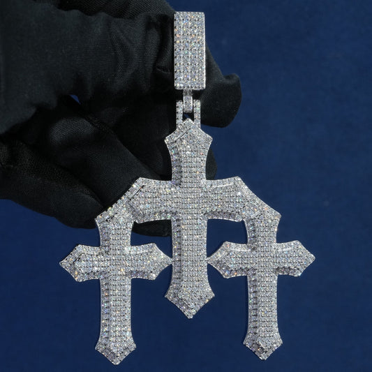 Full Iced Tri-Cross Pendant Necklace