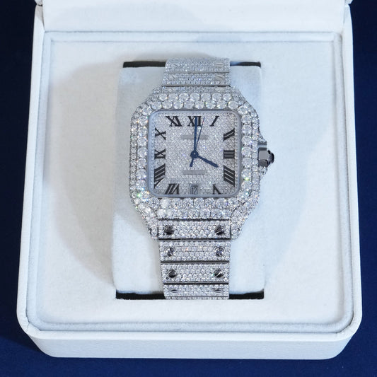 Moissanite Roman Numeral Dial Watch Blue Hands