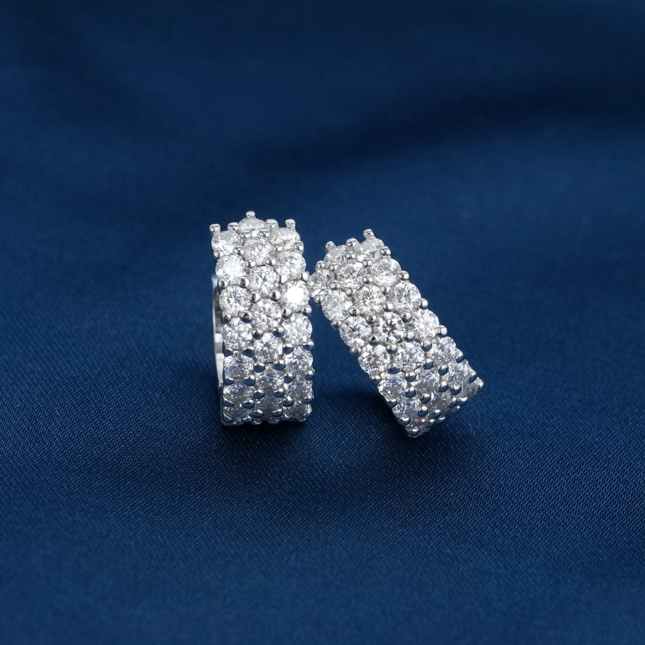 3-Row Moissanite Huggie Hoop Earrings in Sterling Silver