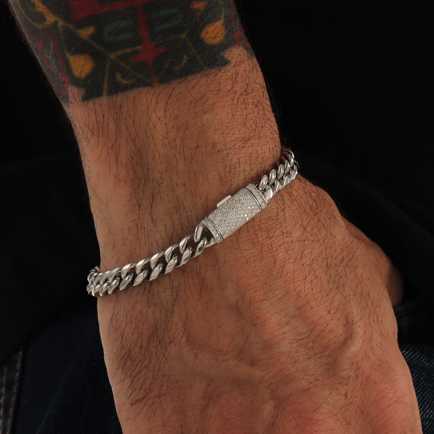 Plain White Gold Cuban Link Bracelet with Moissanite Box Clasp