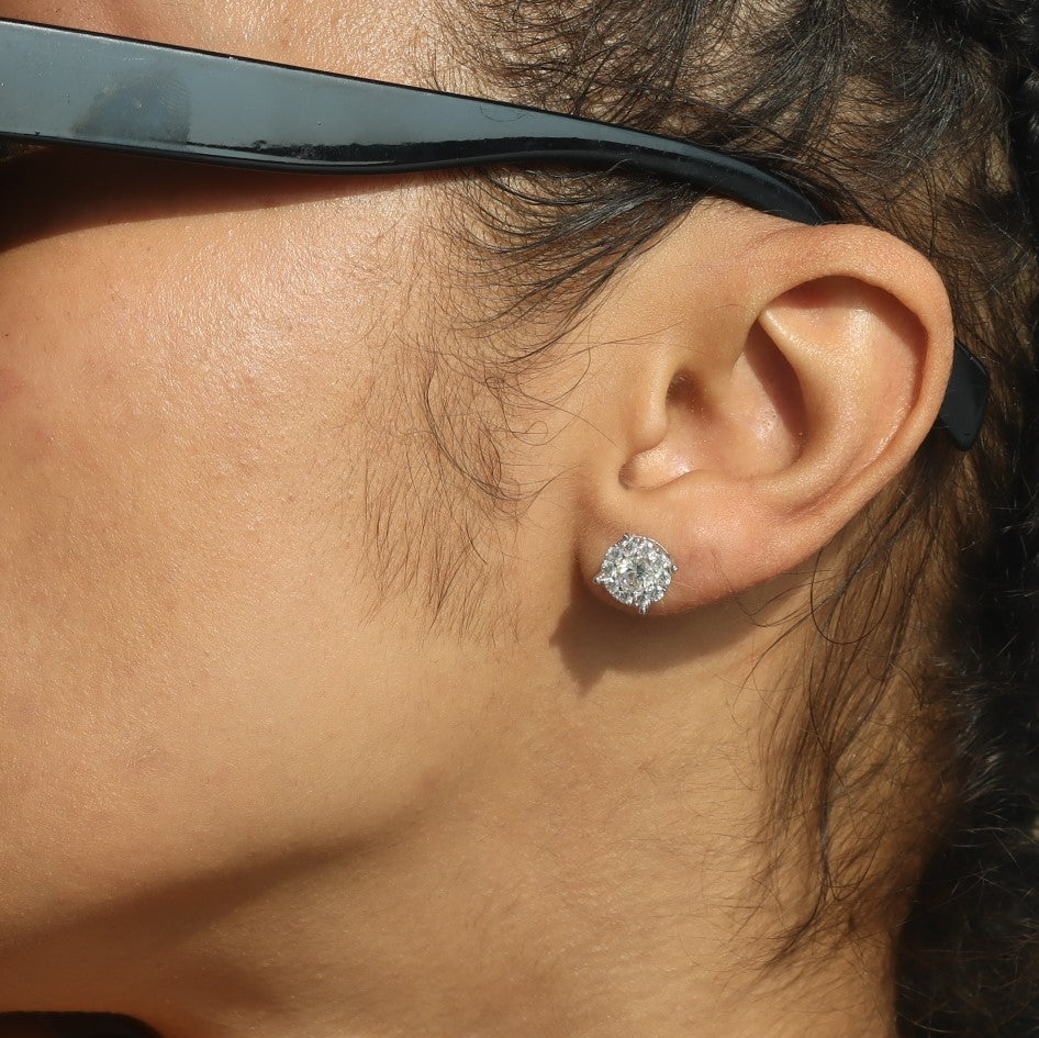 Round Floral Moissanite Stud Earrings in Sterling Silver